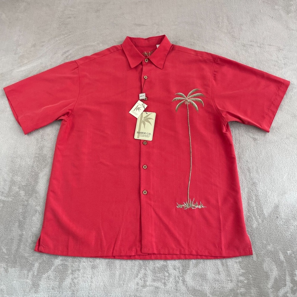 BAMBOO CAY Embroidered Palms Shirt In Red Men Large Short Sleeve Resort NWT